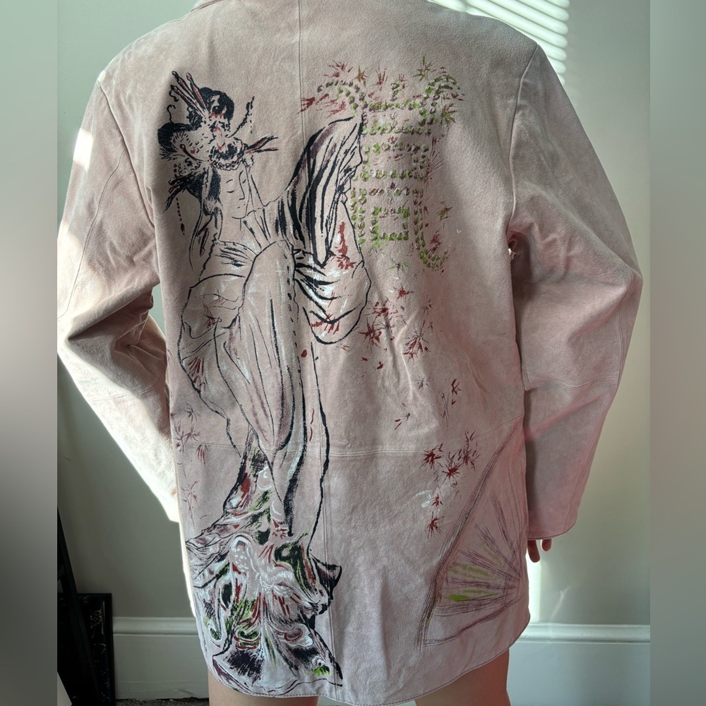Vintage Ethereal Pastel Pink Painted Geisha Retro Indie Midi Suede Jacket Large - Picture 8 of 14